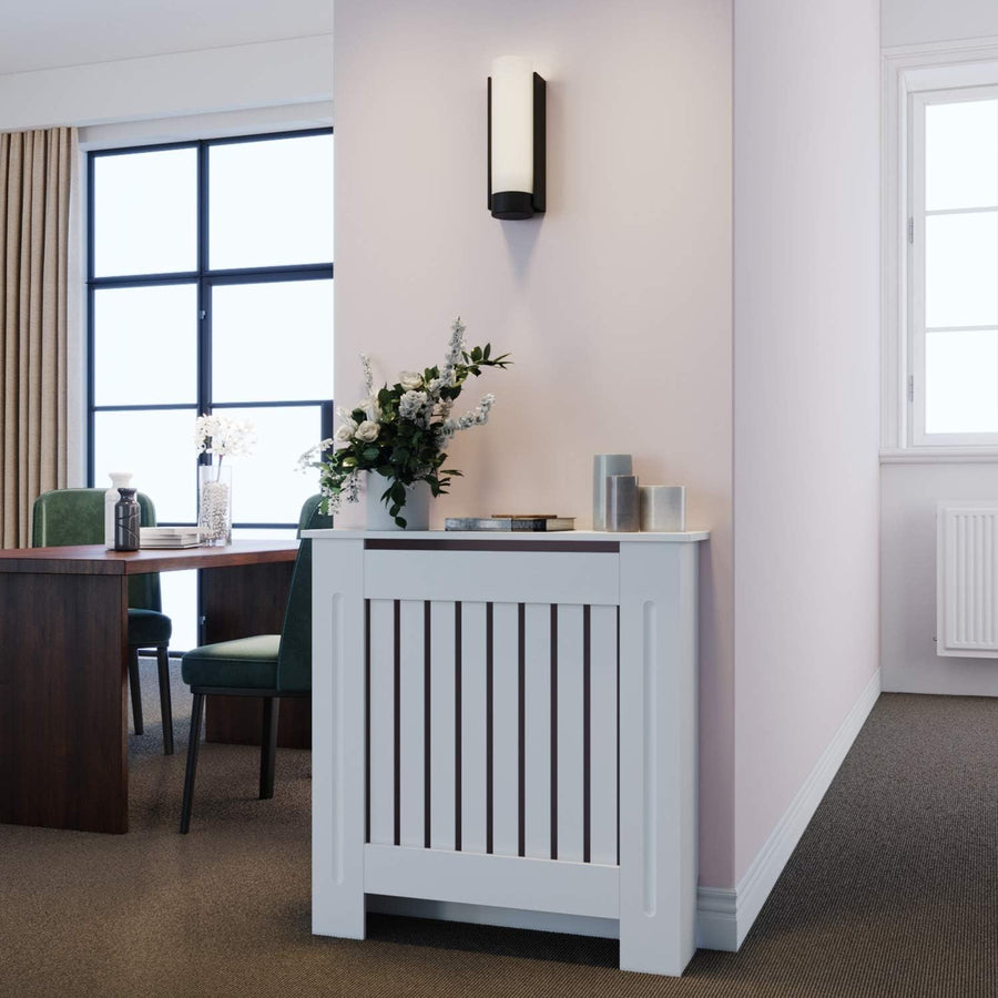 Small Radiator Cover Cabinet White Vertical Slat MDF Modern Heater Shelf Unit