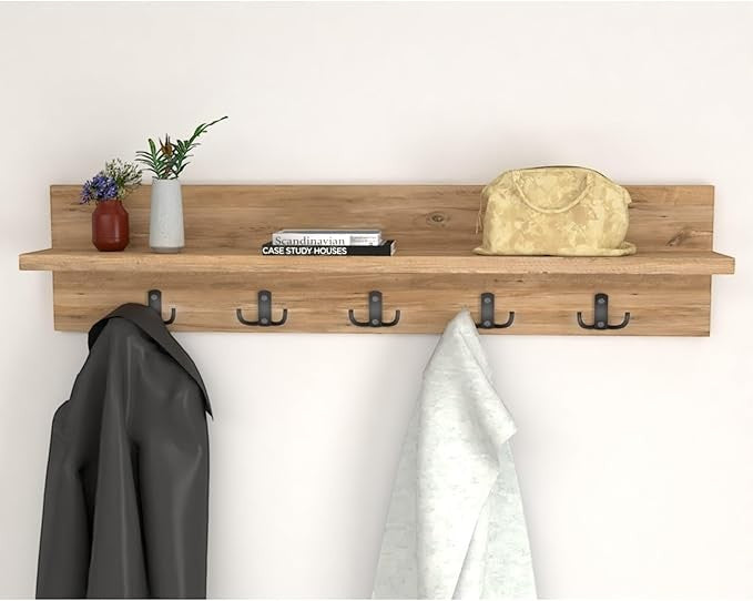 Wall Mounted Coat Rack 80cm Pine Shelf 5 Hooks Floating Storage Rail