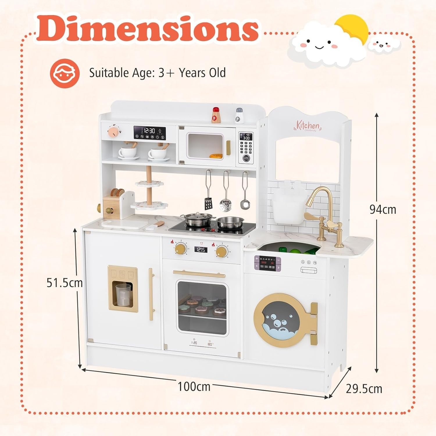 Wooden Toddler Chef Kitchen Set Lights Sounds Ice Maker Toy White