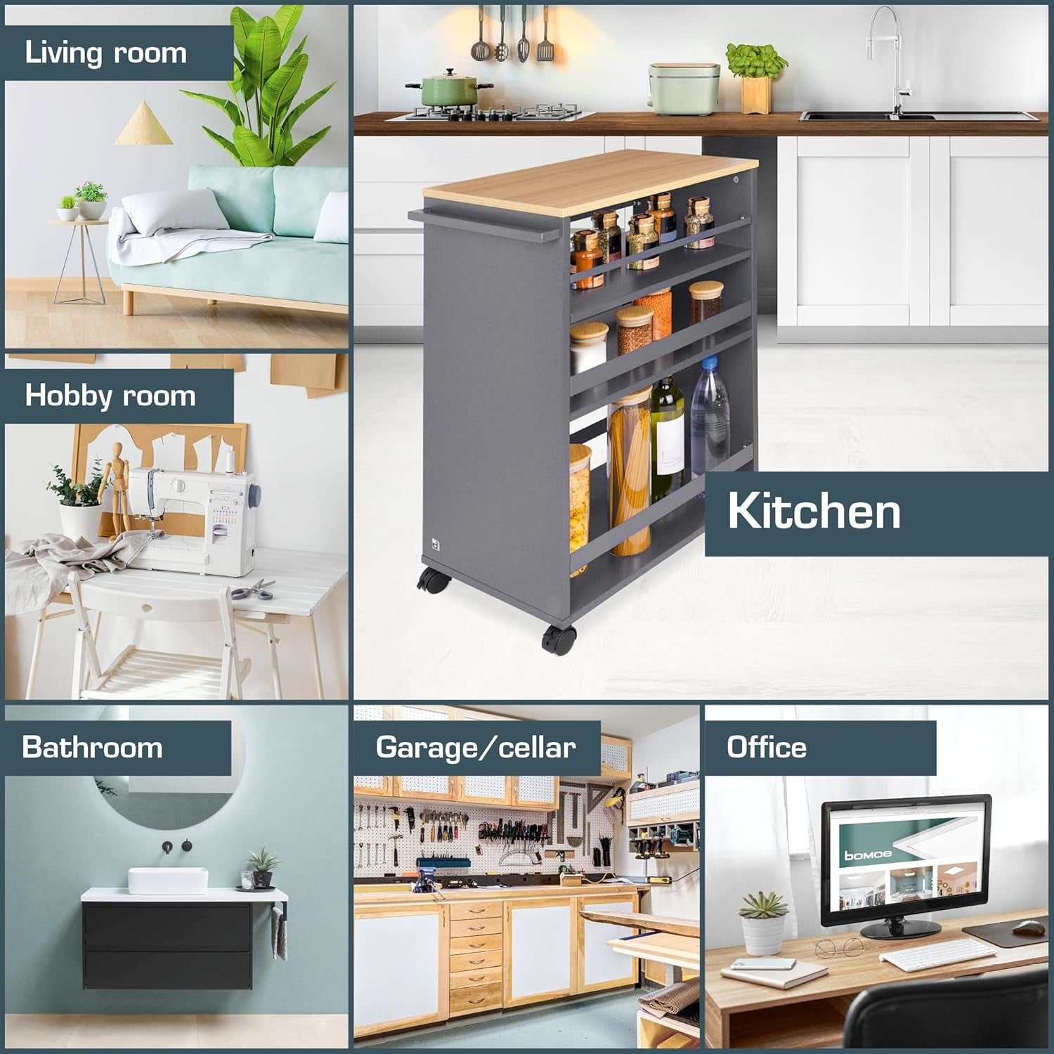 Kitchen Cart Trolley on Wheels 3 Tier Adjustable Shelves Wooden Worktop