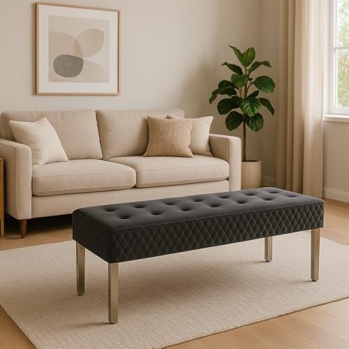 Luxury Grey Velvet 3-Seater Bench Modern Upholstered Dining & Entryway Seat