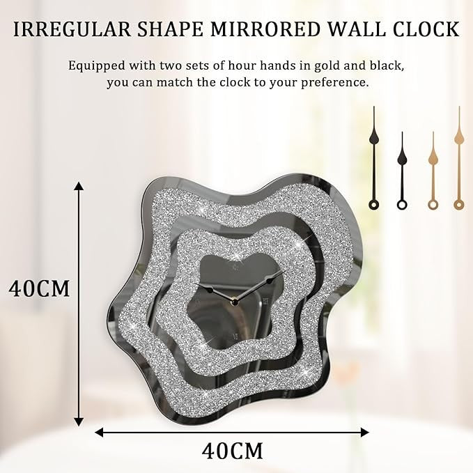 Irregular Mirror Crushed Diamond Wall Clock Silver Crystal Sparkly 40cm Decor