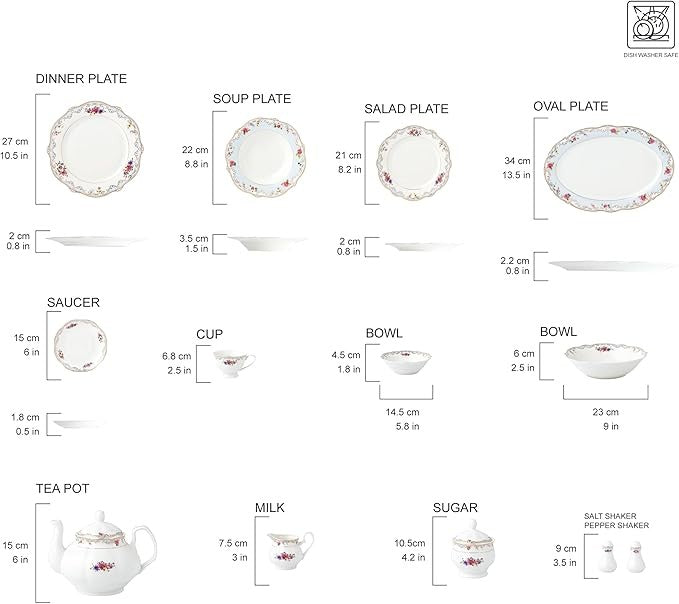 57pc Bone China Dinnerware Set Floral Gold Trim Plates Cups Serving Set