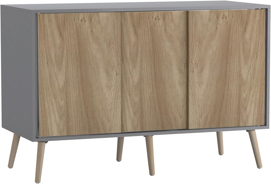 Oak Sliding Sideboard Cabinet Grey Unit 3 Door Storage Beech Legs