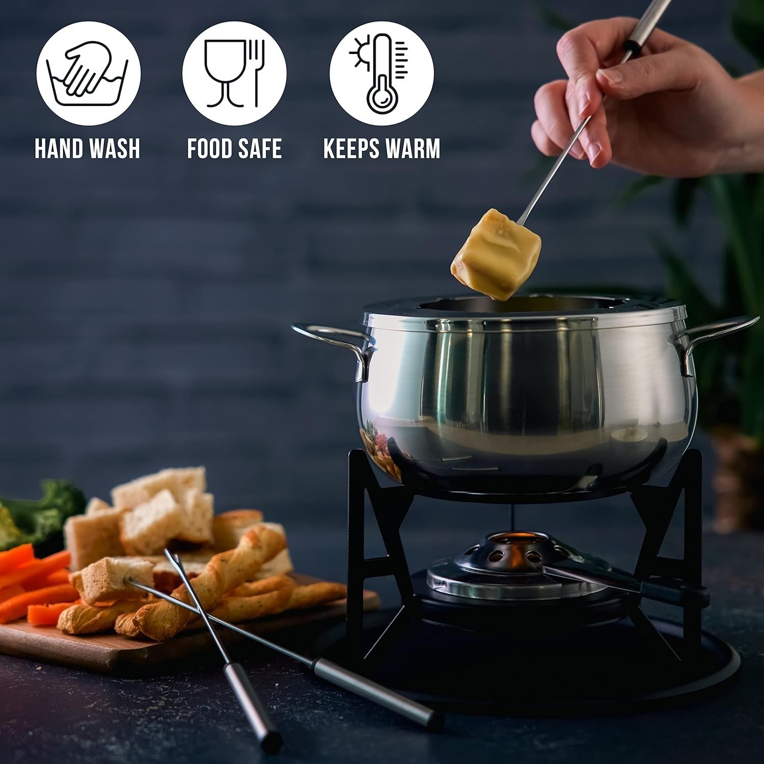 Stainless Steel Fondue Set Cheese Chocolate Pot 6 Fork Silver