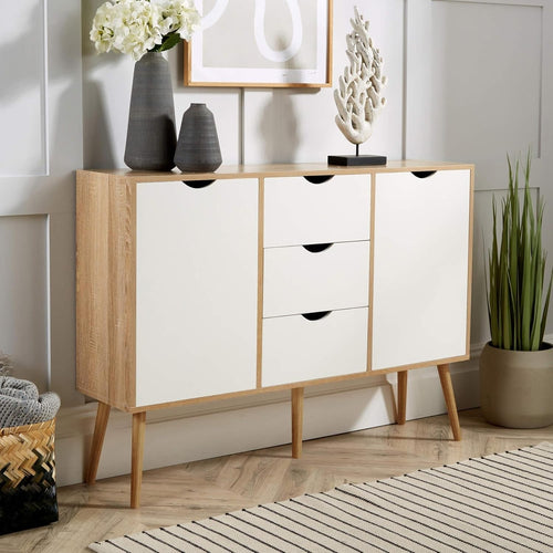 Scandi Oak Effect Sideboard Cabinet with 3 Drawers 2 Doors for Living Room