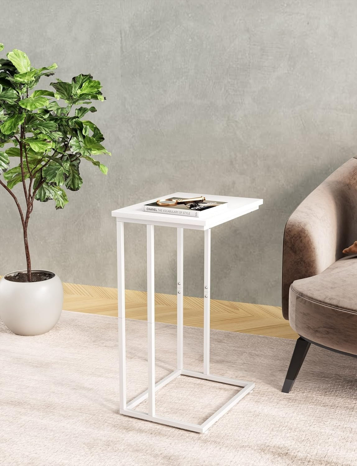 Slim Rustic White C Shaped End Table Sofa Couch Bed TV Tray Laptop Stand