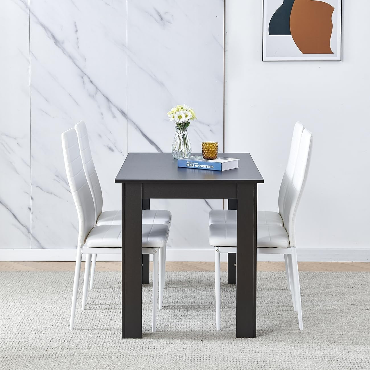 110cm Black Dining Table Set with 4 White Faux Leather Chairs Kitchen