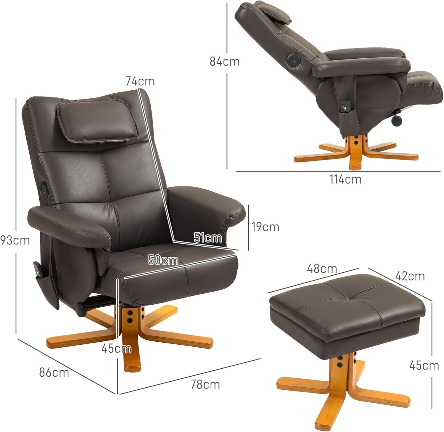 Massage Recliner Chair w/ Footstool Heat USB Storage Faux Leather Brown