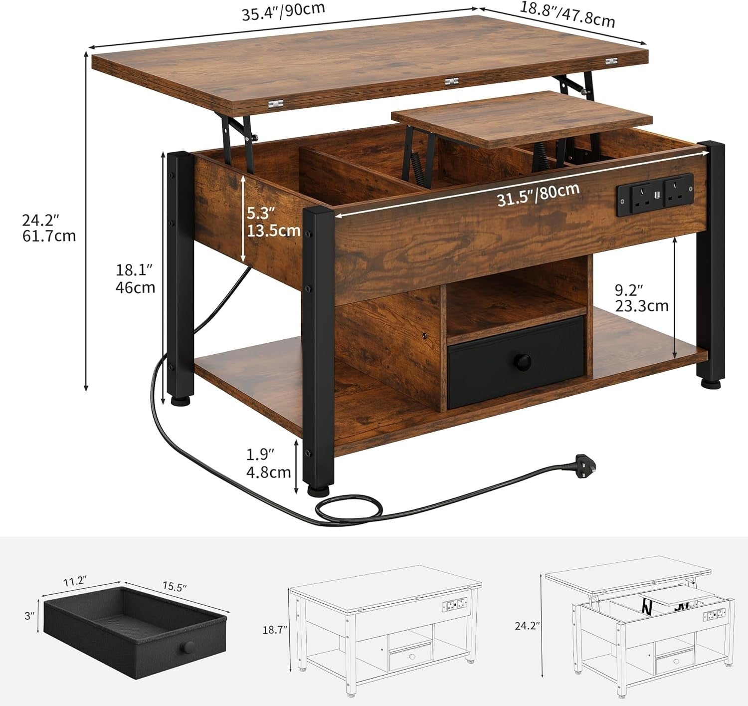 4-in-1 Lift Top Coffee Table with Storage, Charging Ports & RGB LED Lights