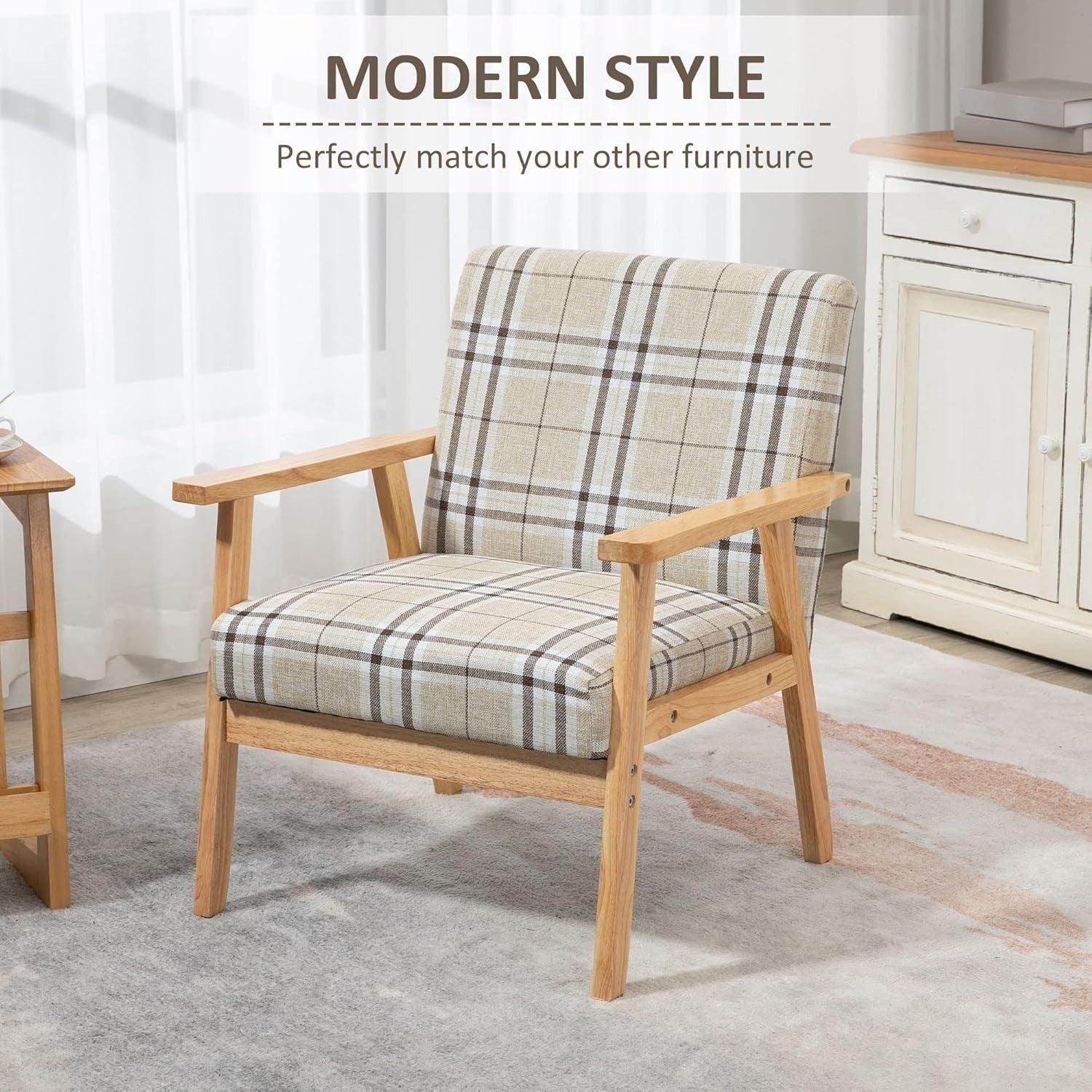 Modern Beige Linen Armchair with Rubberwood Frame – Comfortable 1-Seater Sofa