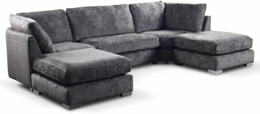 Grey U Shape Sectional Sofa 5 Seater with 2 Footstools – High Back Comfy Couch