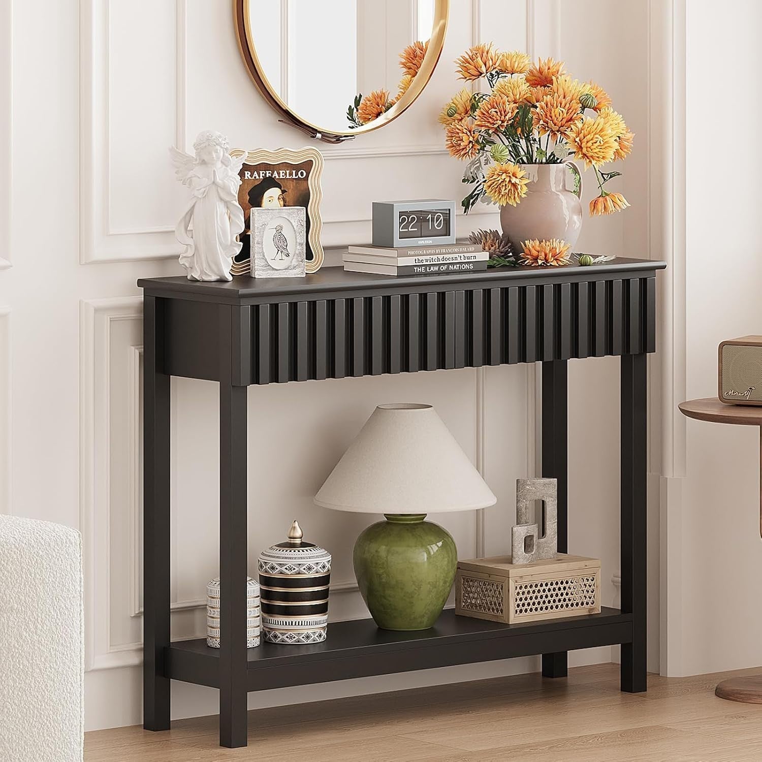 Narrow Fluted Console Table with 2 Drawers & Open Shelf, 81.5cm H