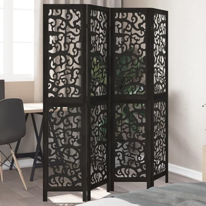 4 Panel Black Carved Wooden Room Divider 140x180cm Folding Privacy Screen