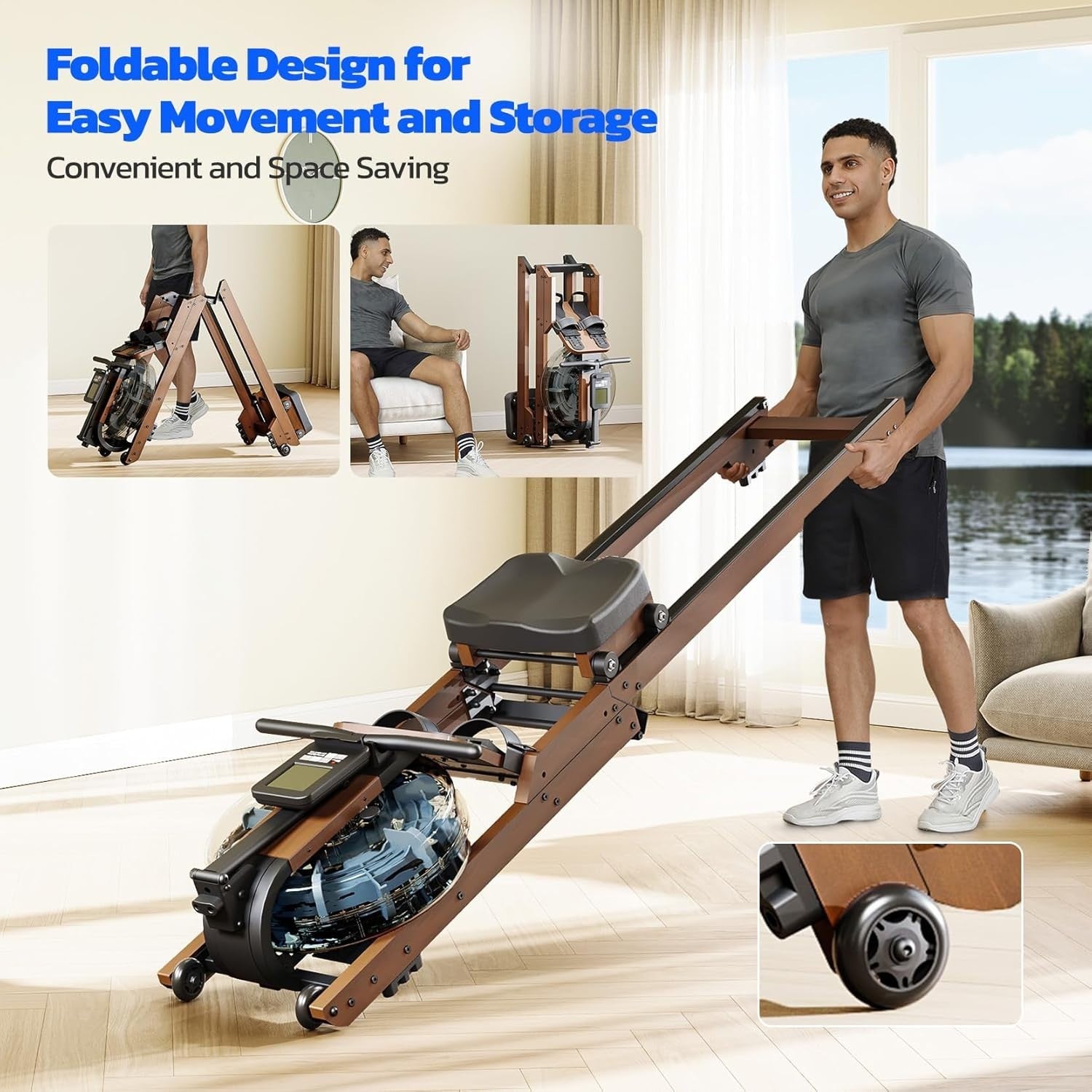 Foldable Oak Wood Water Rowing Machine Bluetooth LCD Home Rower 400LB
