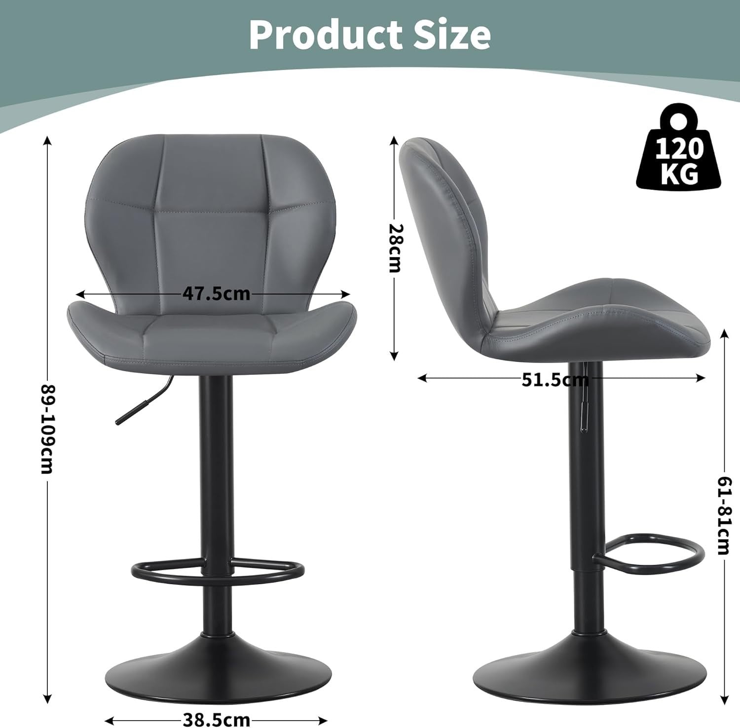 Grey Adjustable PU Leather Bar Stools Set of 2 – Swivel & Height Adjustable