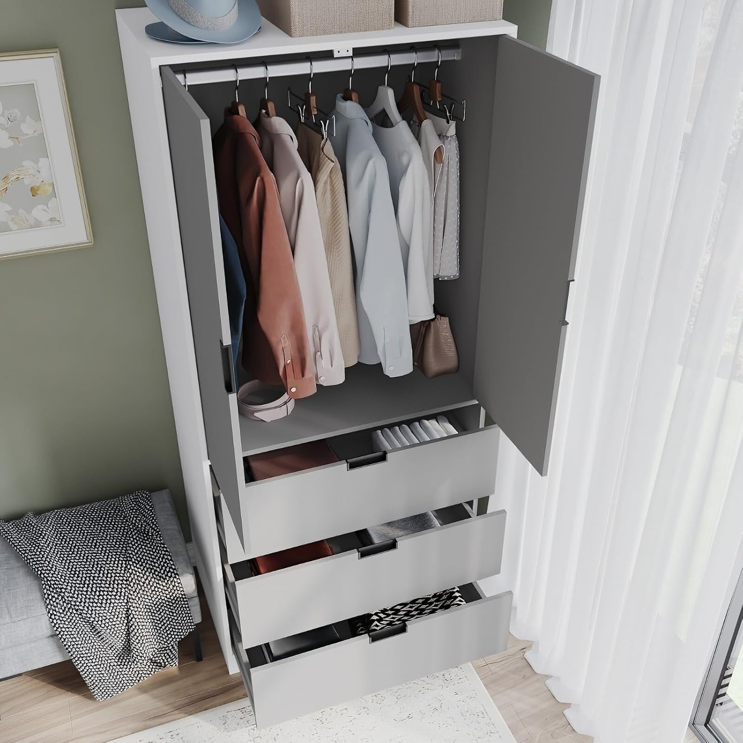Tall Grey Wardrobe 2 Door 3 Drawer Modern Storage | Hanging Rail Unit