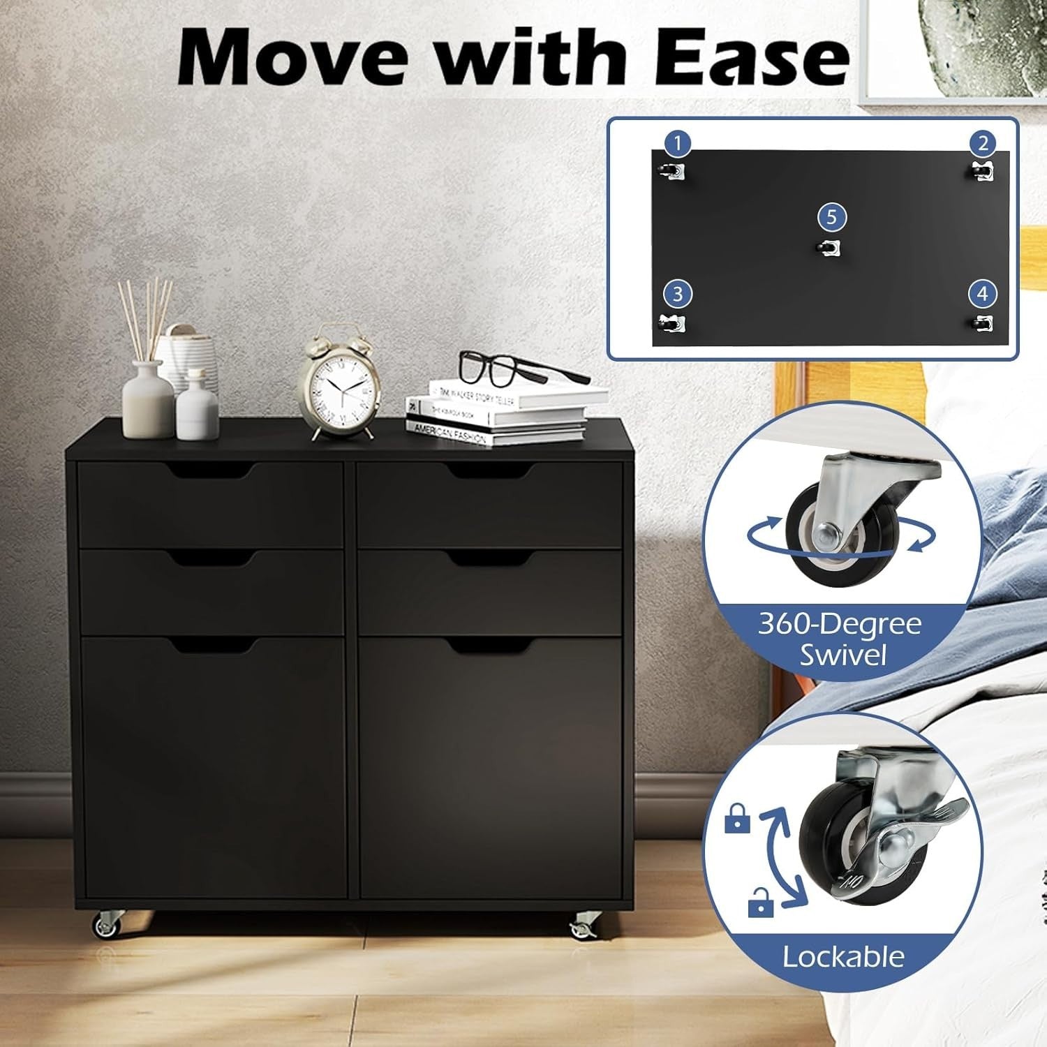 Black Rolling File Cabinet 4 Drawer 2 Door Mobile Printer Stand