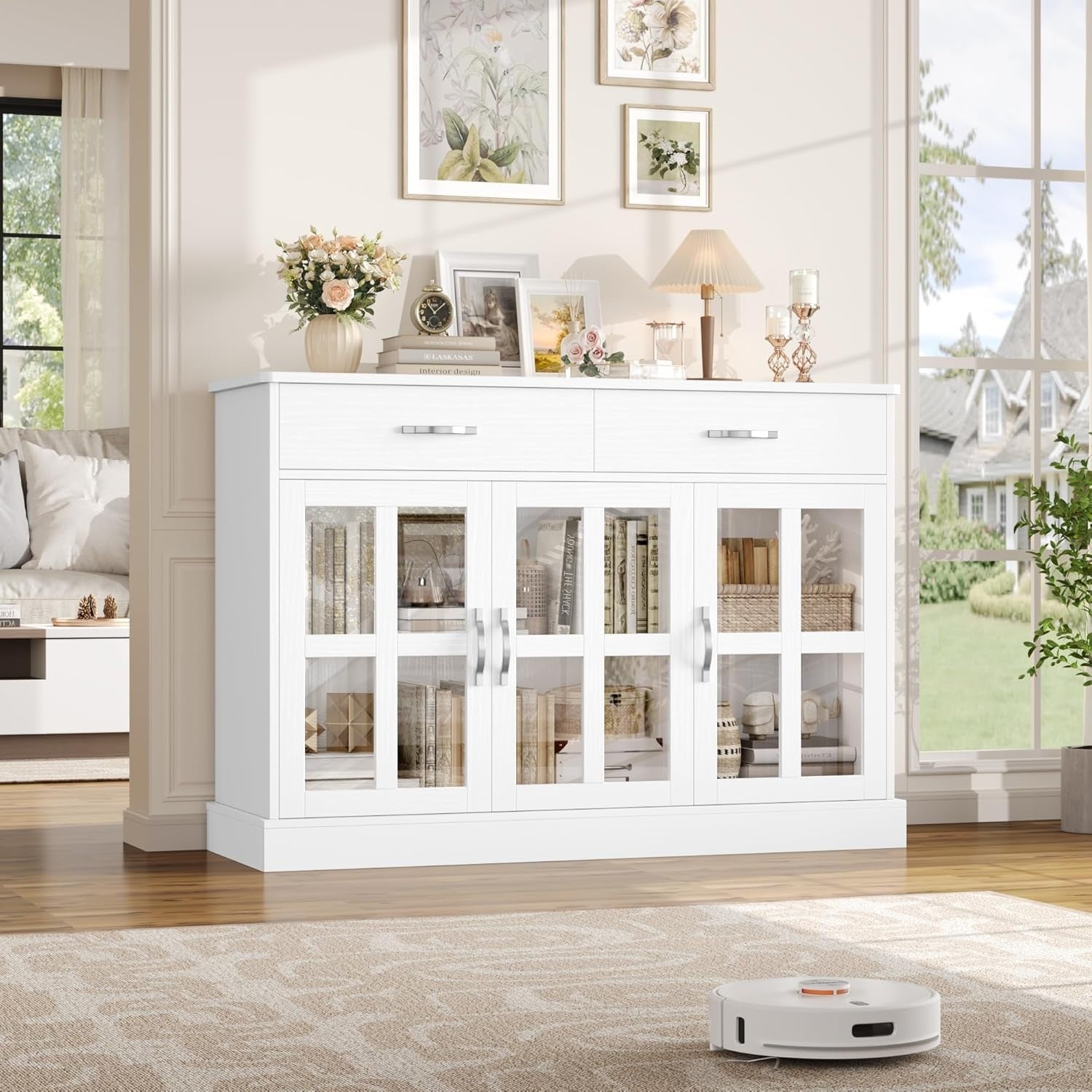 White Sideboard Cabinet Glass Doors Storage Unit with Drawers Shelves