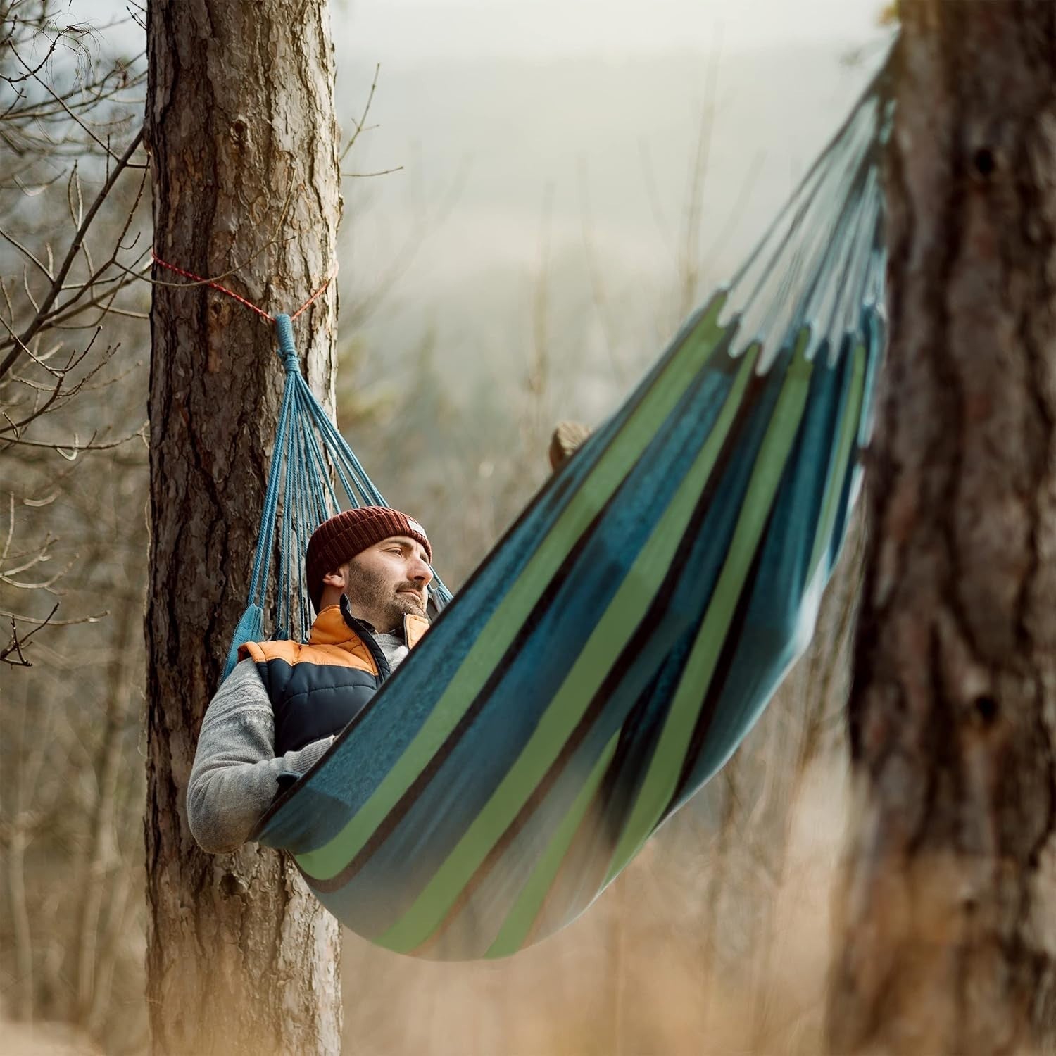Blue-Green XXL Cotton Hammock for 2 Adults | Portable Indoor & Outdoor 272cm