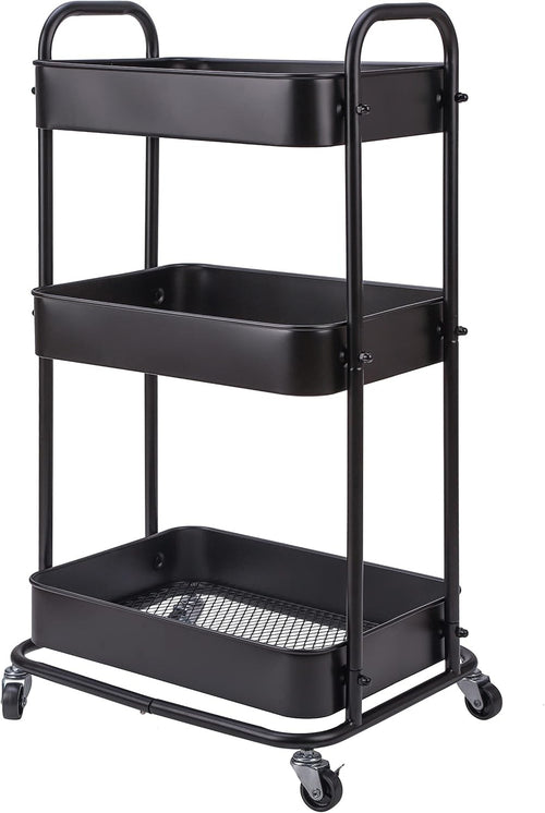3 Tier Storage Trolley on Wheels Slim Metal Rolling Cart Lockable