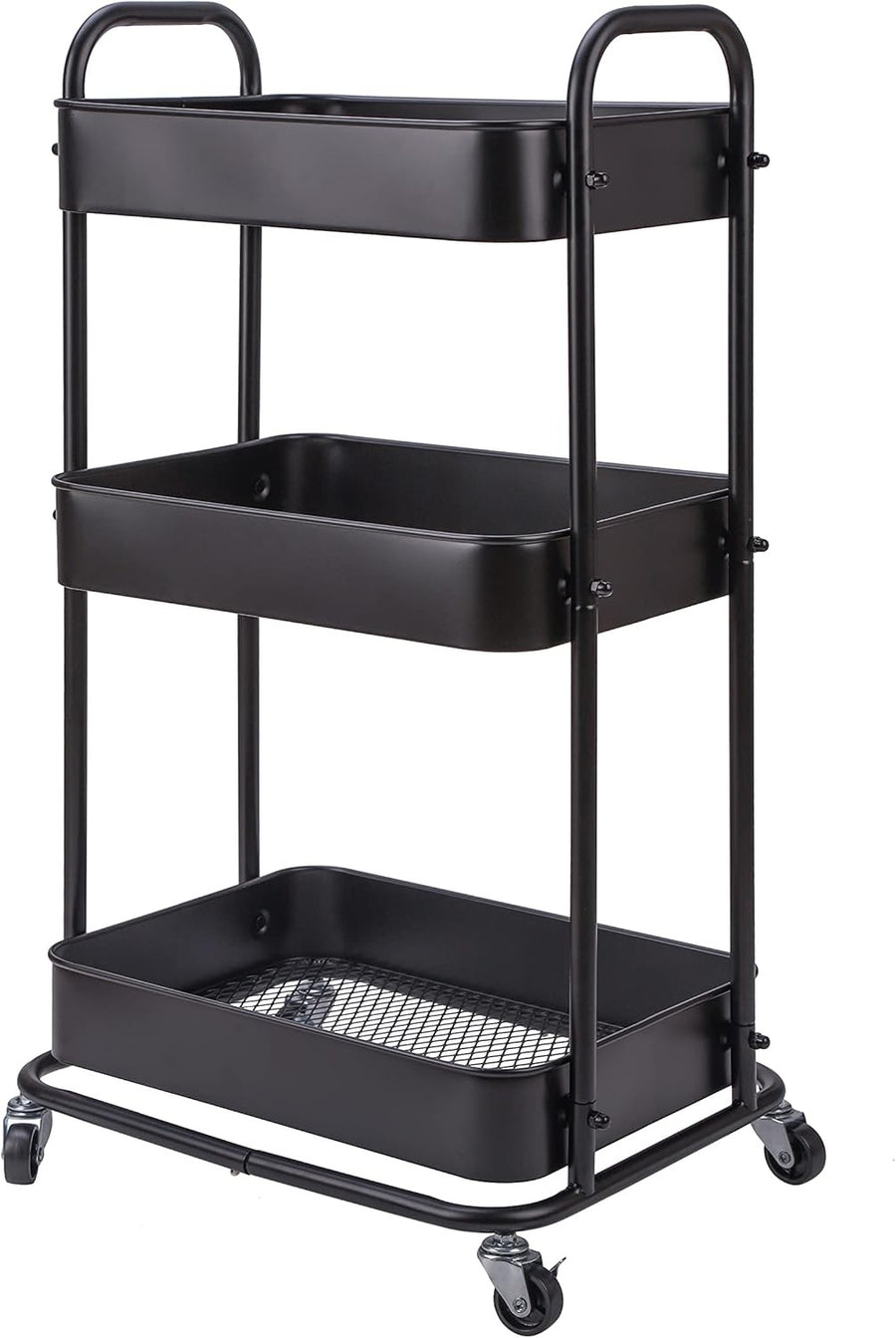 3 Tier Storage Trolley on Wheels Slim Metal Rolling Cart Lockable