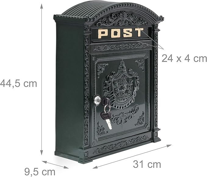 Wall Mounted Antique Mailbox Cast Aluminium Green – Lockable A4 Slot Secure