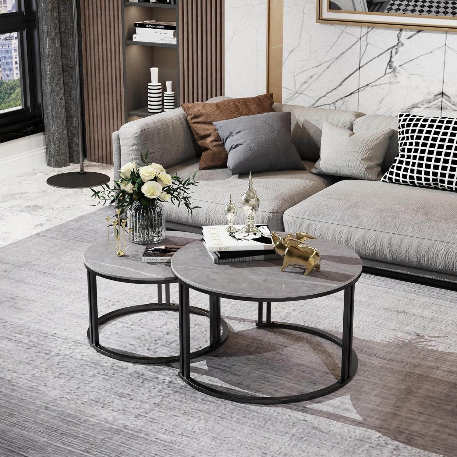 Space Saving Nesting Coffee Table Set 2 Round Marble Stone Metal Living Room