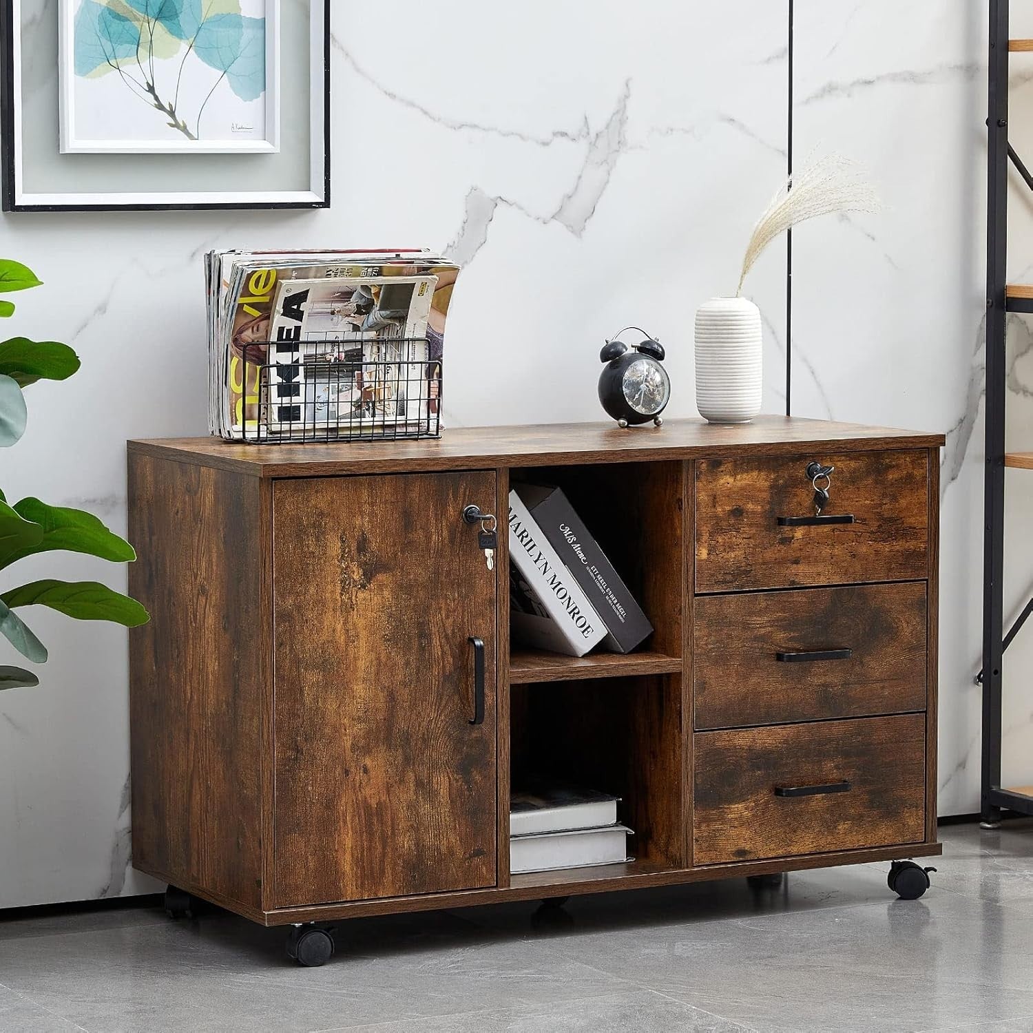 Large Rolling File Cabinet Locking Drawers Printer Stand Open Shelf Storage