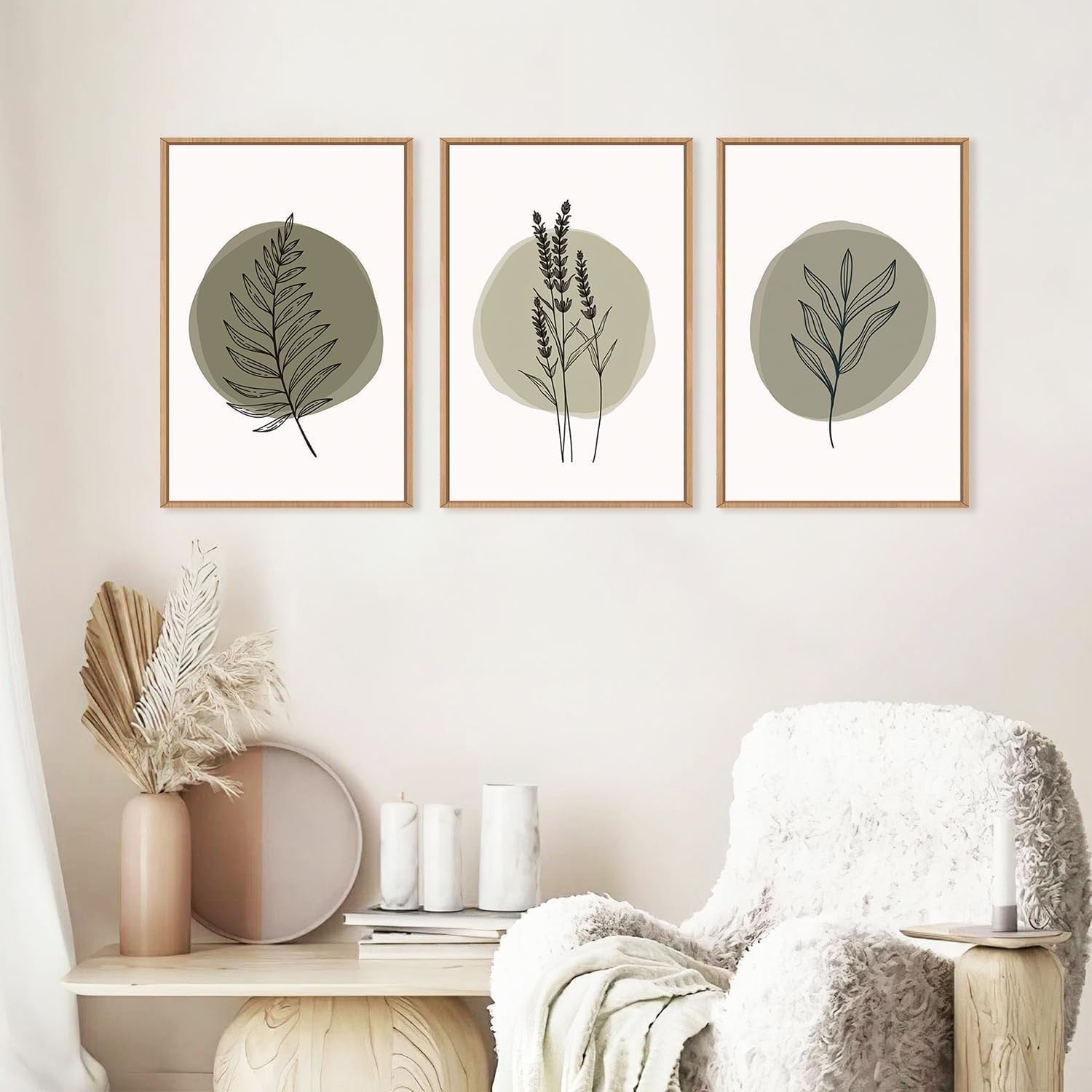 Sage Green Botanical Framed Canvas Wall Art Set 3 Modern Minimal Home Decor