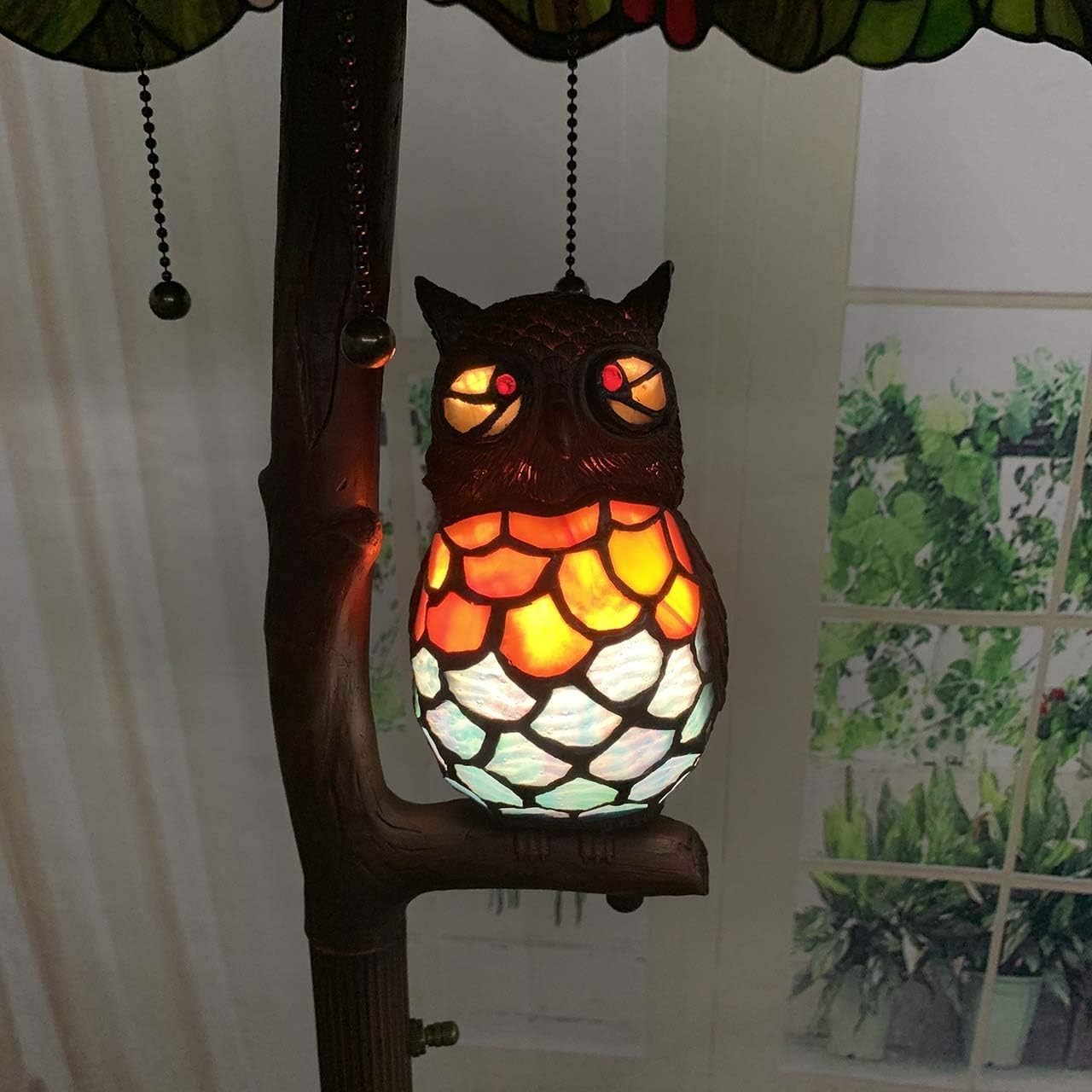 Stained Glass Floor Lamp 65" Tall, 18" Shade, Owl Design, 4-Light Antique