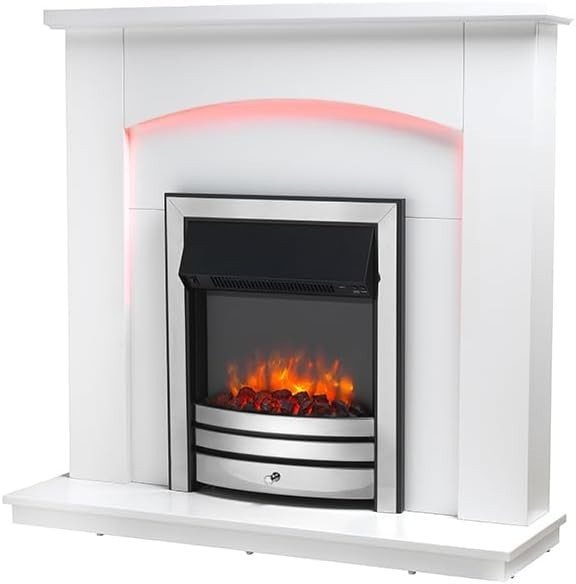 42” Electric Fireplace Suite Remote Heater Brass Trim Log Flame MDF