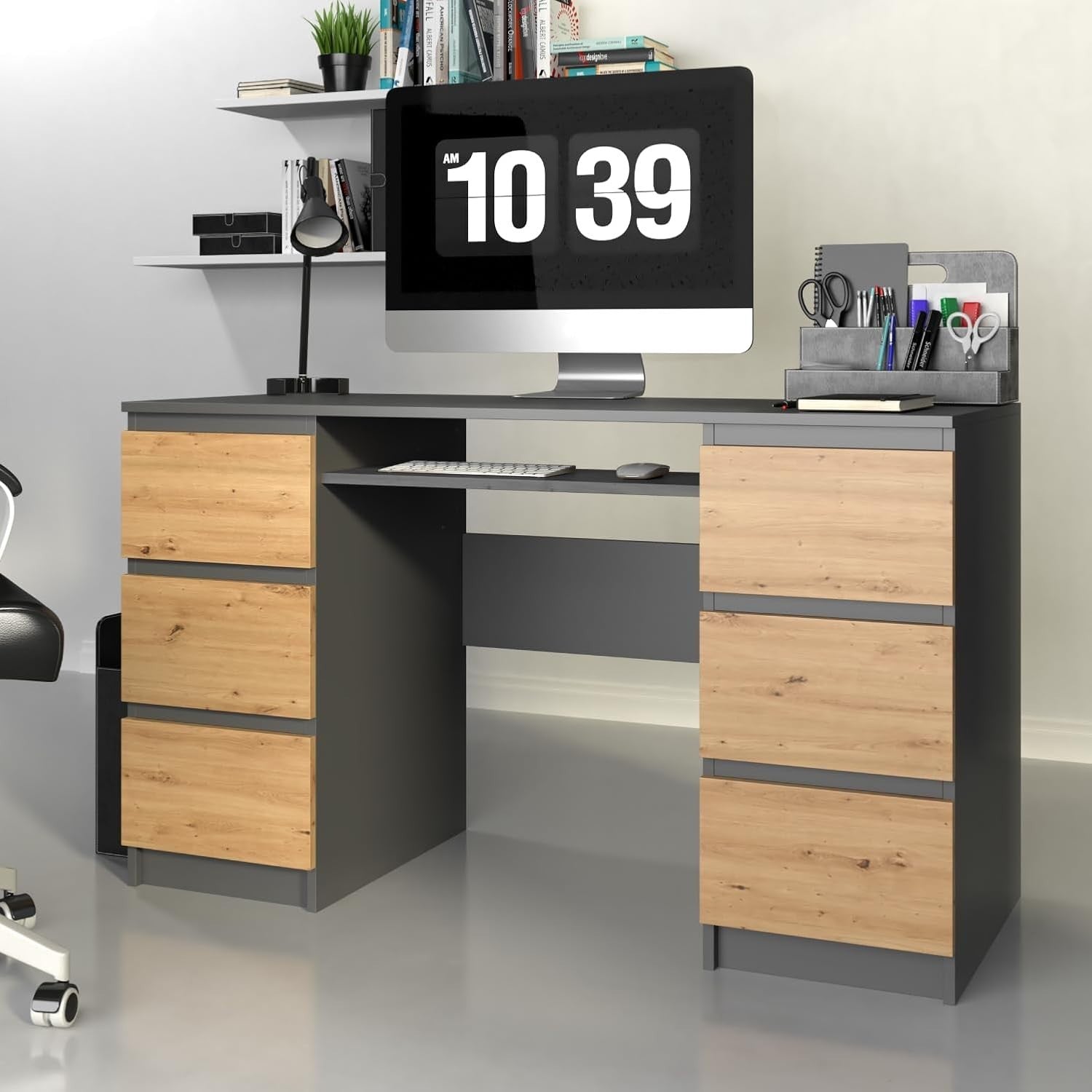 Large 6 Drawer Anthracite Artisan Office Desk w/Keyboard Shelf & Storage