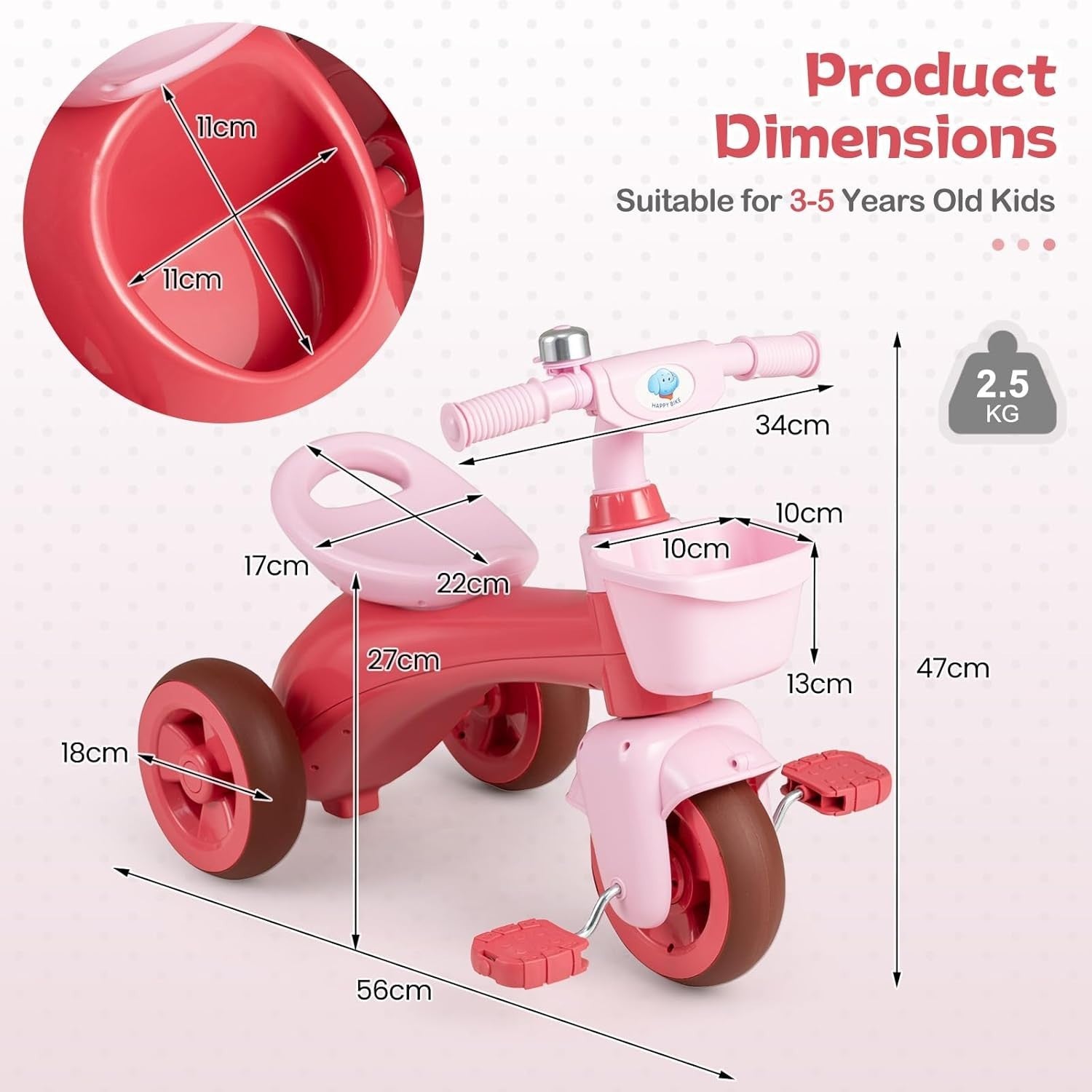 Toddler Tricycle 3 Wheel Kids Trike Basket Storage Balance Bike Age 3-5