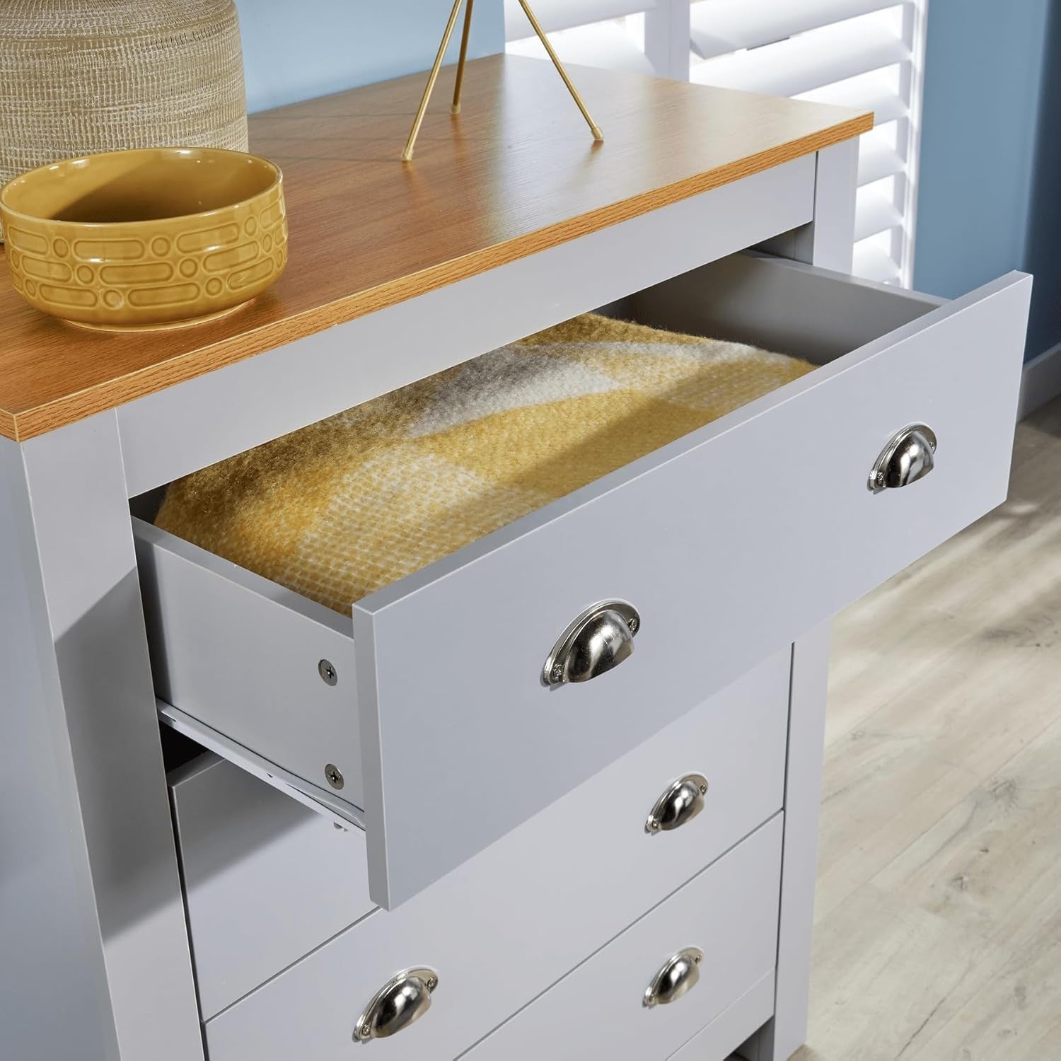 Grey 4 Drawer Chest of Drawers Oak Top Storage Unit Bedroom Cabinet