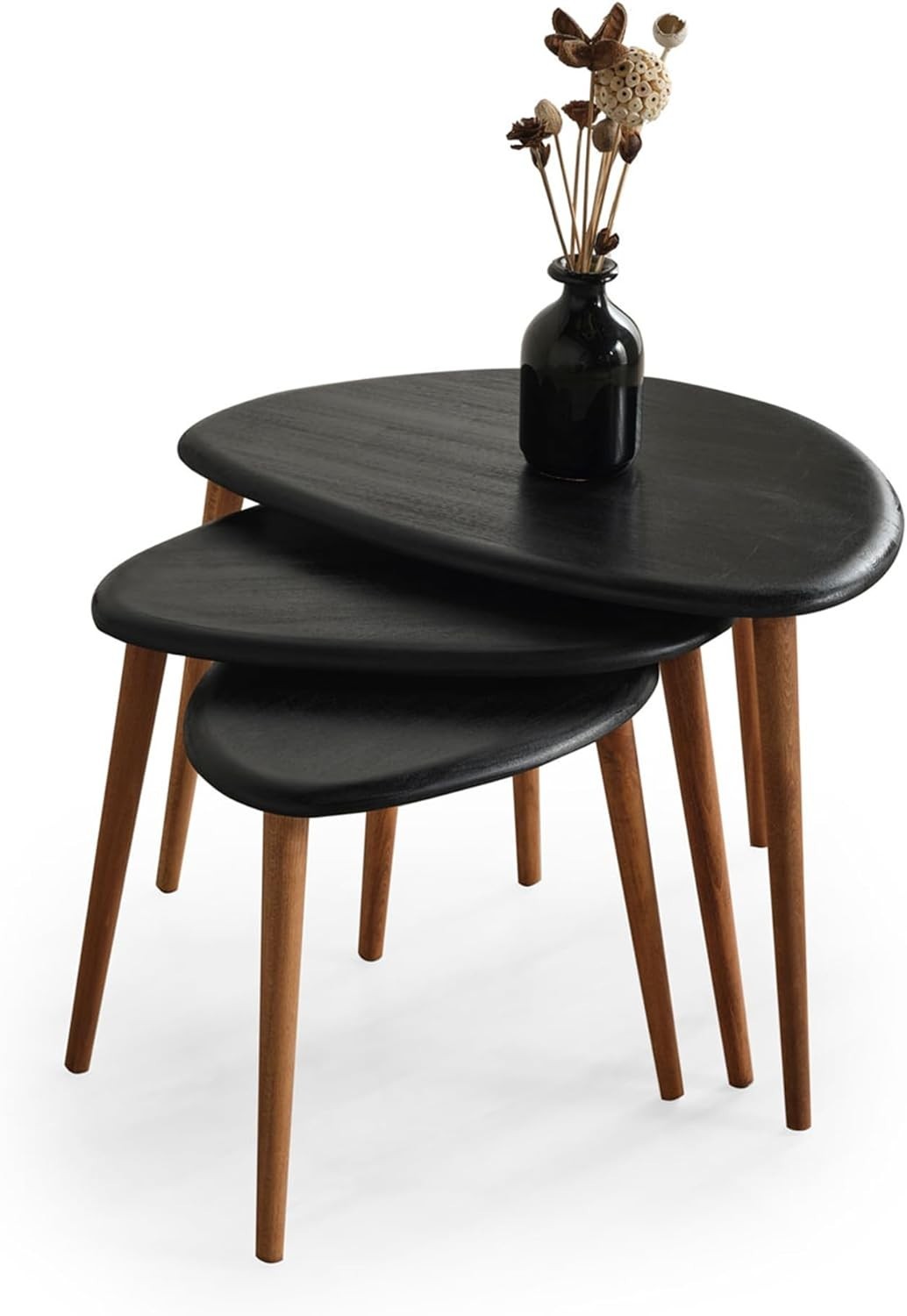 Black Wood Oval Nesting Coffee Side End Table Set of 3 Mid-Century Modern