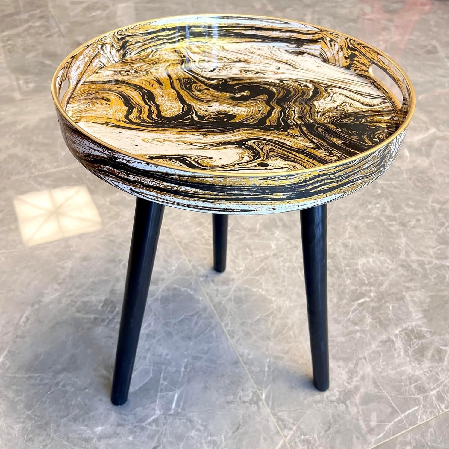 Round Side Table with Detachable Legs – 50x38x38cm Marble Black Gold