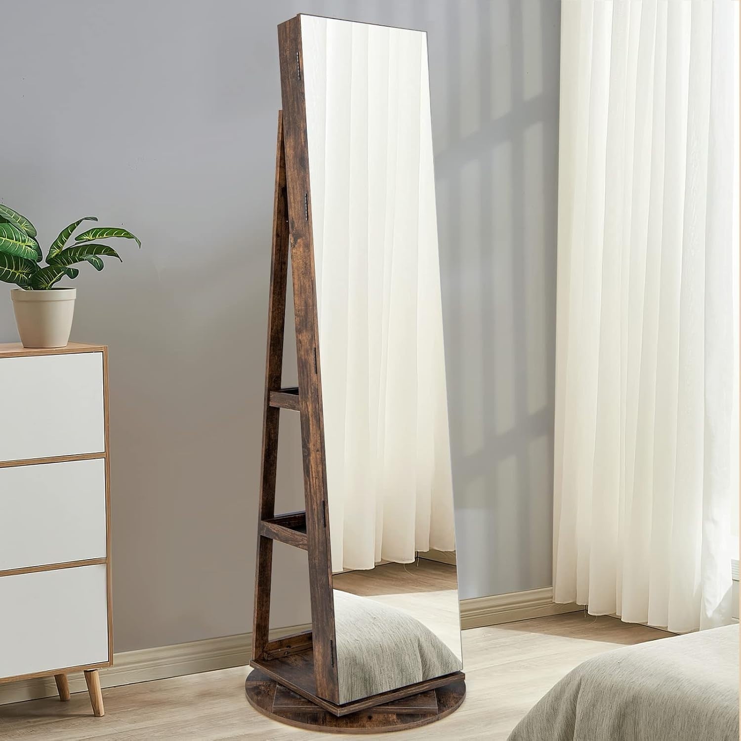 360° Rotating Jewelry Cabinet LED Mirror Lockable Storage Organizer