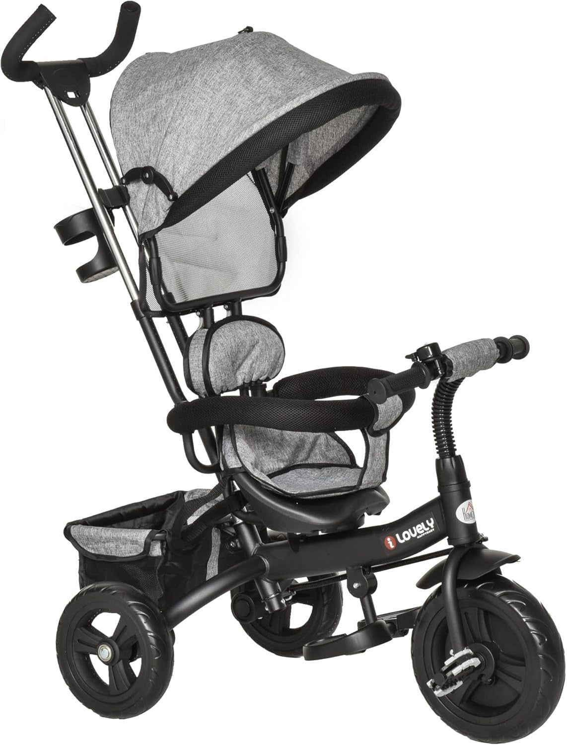 4 in 1 Kids Tricycle Toddler Trike Push Along Canopy Grey 18M-5Y