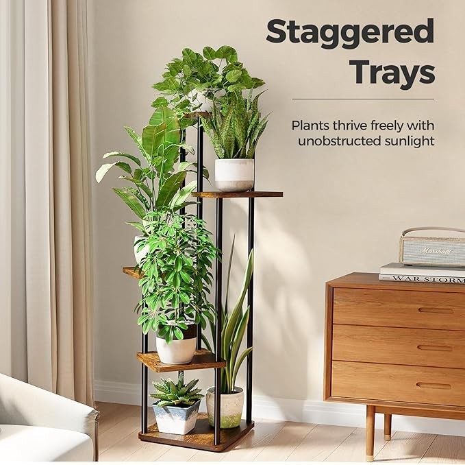 5 Tier Indoor Outdoor Plant Stand Wood Metal Flower Rack Ladder Shelf