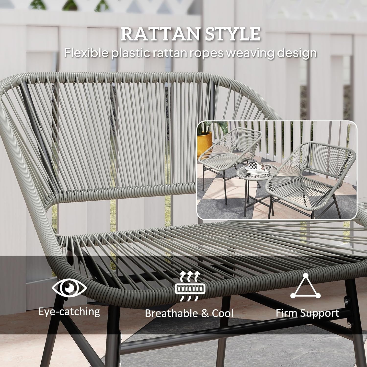 Light Grey Rattan Bistro Set 3PC Cushioned Chairs Round Table Balcony Patio