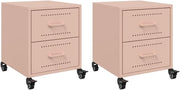 Set of 2 Pink Metal Bedside Tables with Drawers & Wheels | Modern