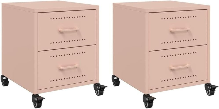 Set of 2 Pink Metal Bedside Tables with Drawers & Wheels | Modern