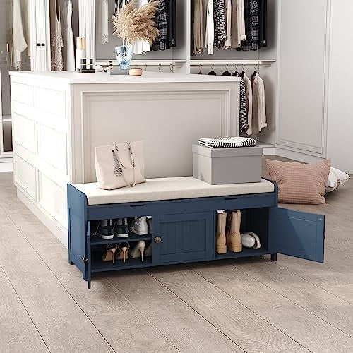 Blue Shoe Storage Bench with Cushion Seat 3-Door Cabinet & Hidden Compartment