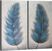 Large Abstract Grey Blue Feather Canvas Wall Art 2 Panel Hand Painted