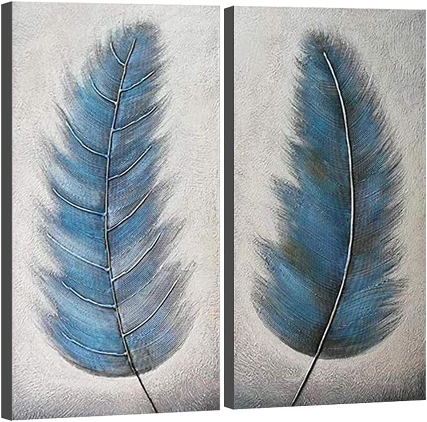 Large Abstract Grey Blue Feather Canvas Wall Art 2 Panel Hand Painted