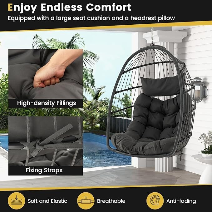 Foldable Hanging Egg Chair with Cushion & Pillow – Indoor Outdoor Swing Seat