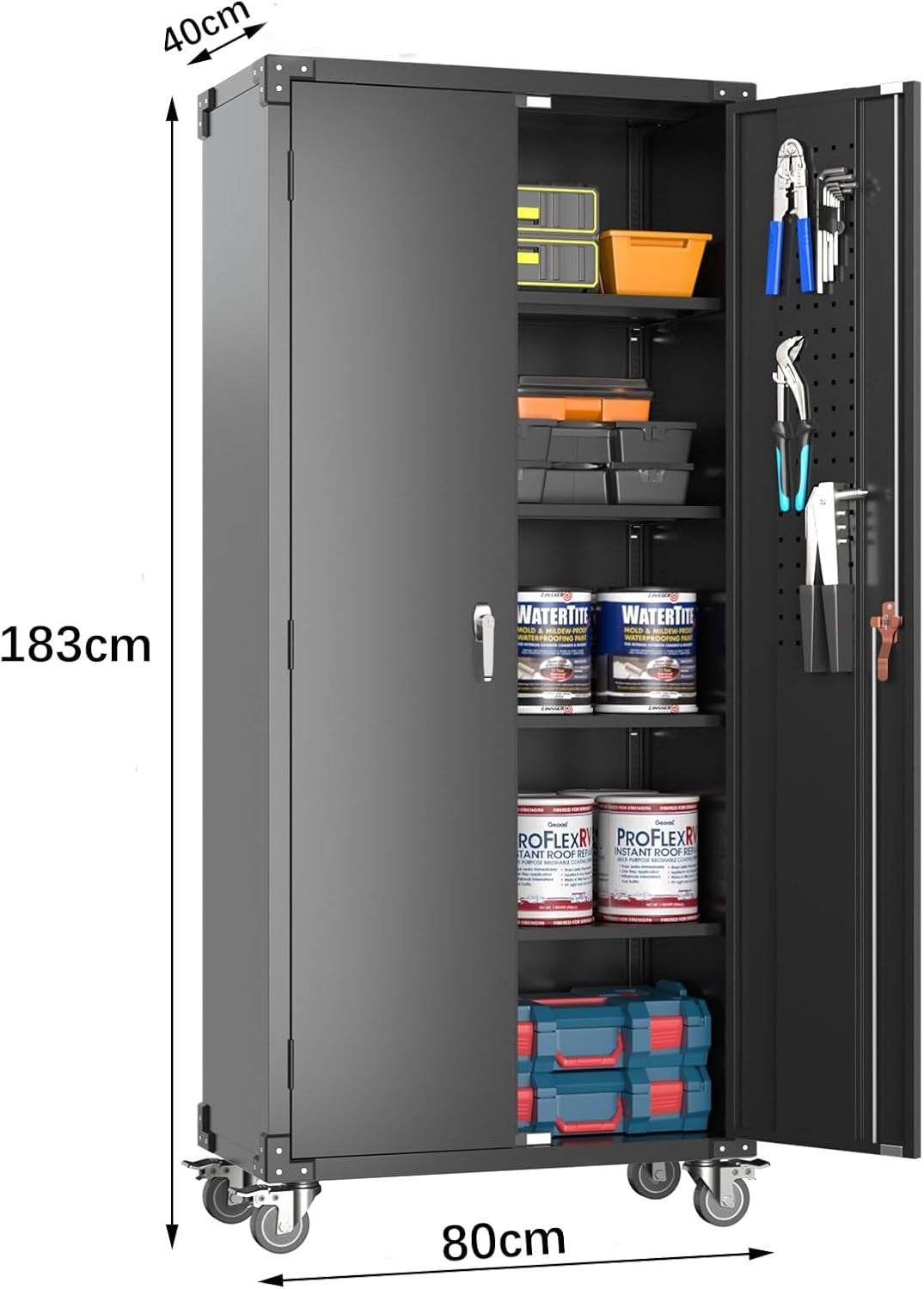 Tall Metal Storage Cabinet 183cm Lockable Doors Shelves Wheels Garage Home