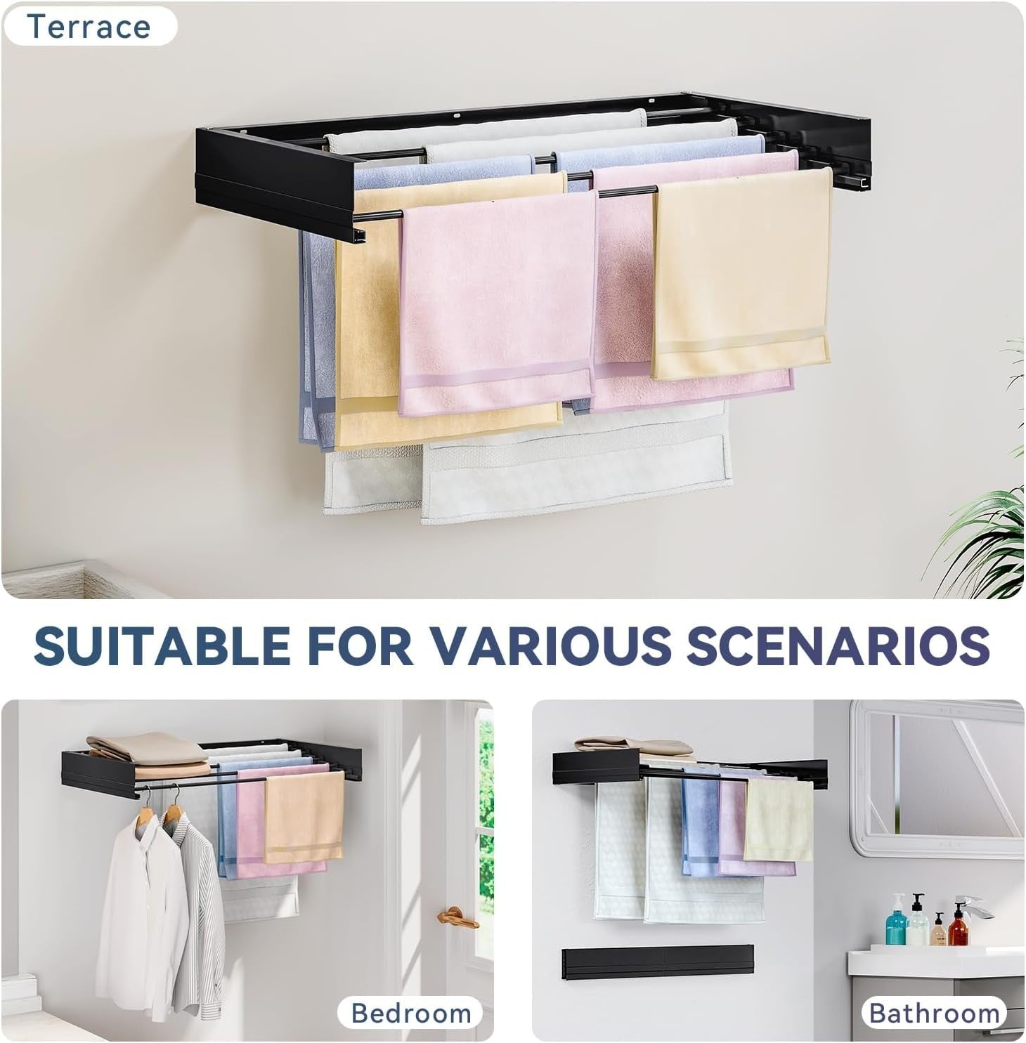 80cm Wall Mounted Retractable Clothes Drying Rack Foldable Airer Black