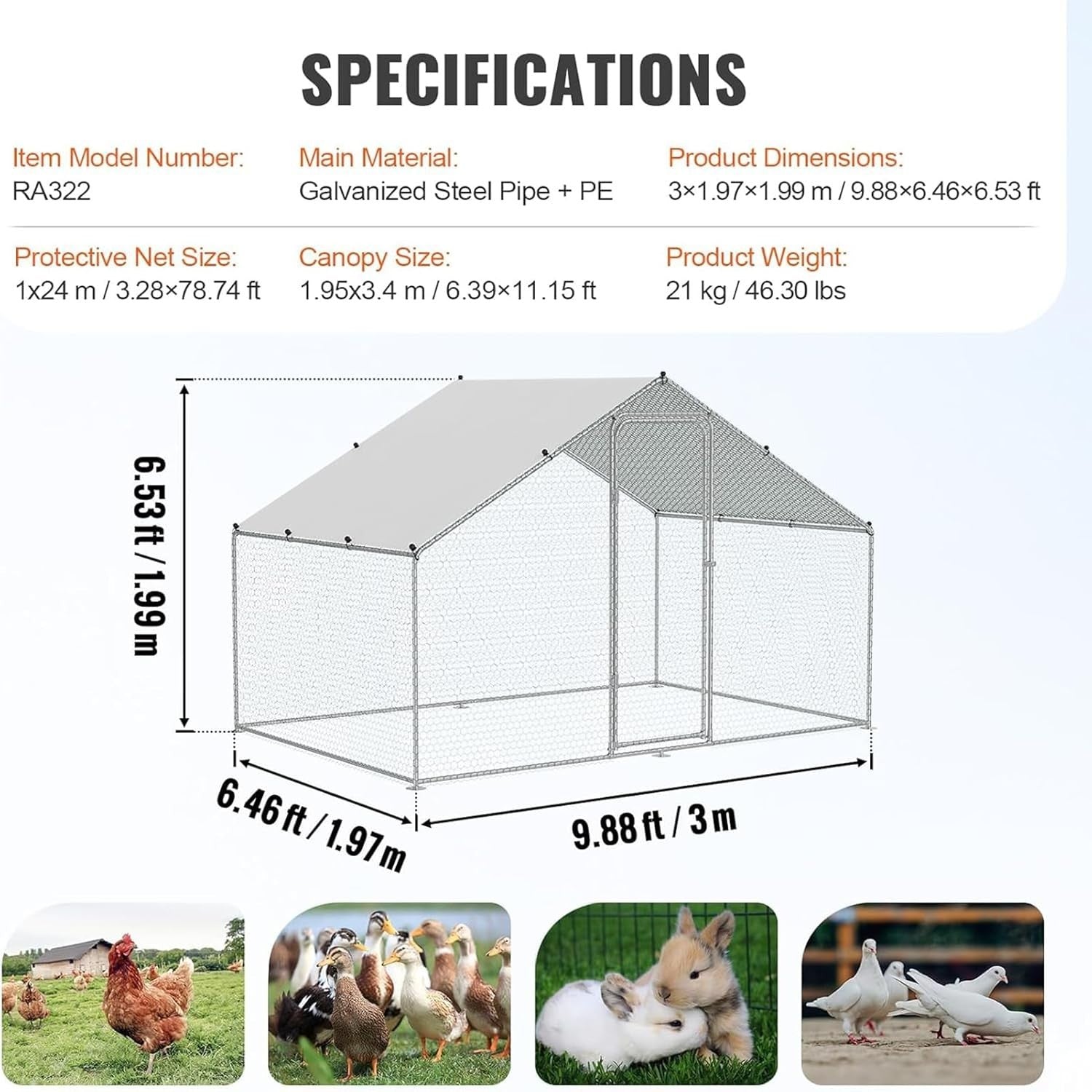 Large Walk In Chicken Run 2x3x1.98m Galvanised Coop Roof Door